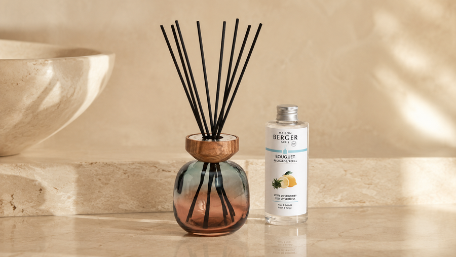 Maison Berger reed diffuser and fragrance refill in a warm neutral interior